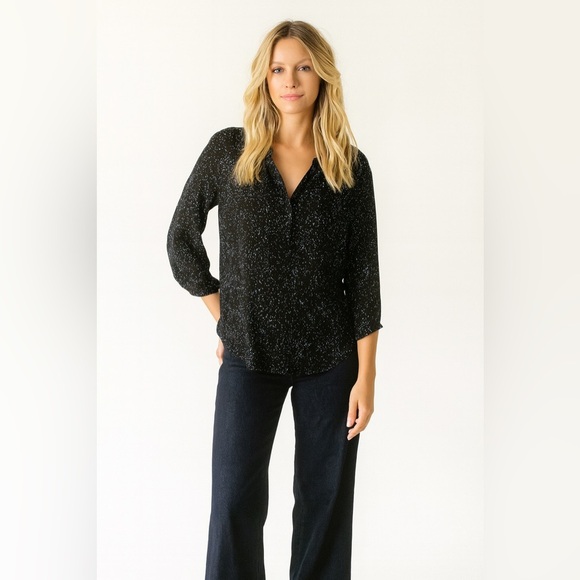 Elle Blue Speckle Dot Print Flowy Chiffon Office Casual Popover Blouse sz XS - Picture 7 of 7